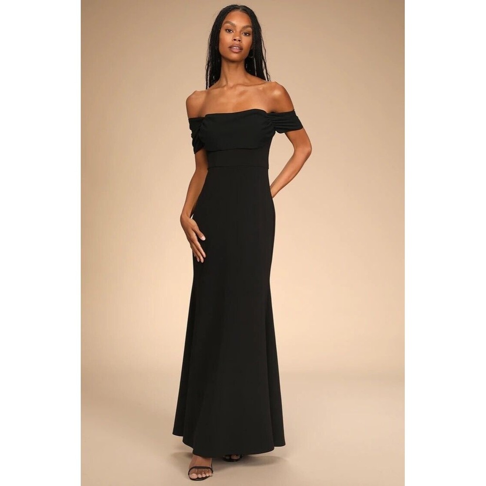 Lulus Would You Be Mine Black Off-the-Shoulder Mermaid Maxi Dress. Size XS
